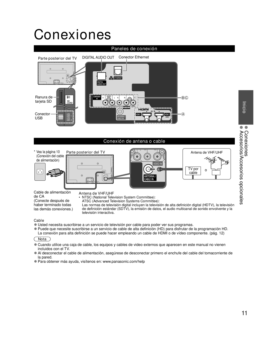 Panasonic TC-P50XT50 owner manual Conexiones, Paneles de conexión, Conexión de antena o cable, Inicio 