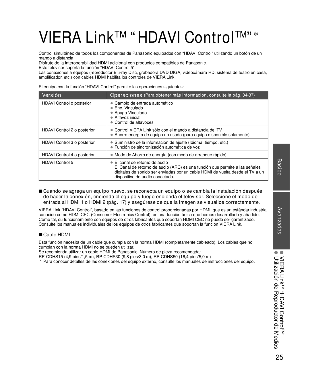 Panasonic TC-P50XT50 owner manual Versión, Básico Avanzadas, Cable Hdmi 