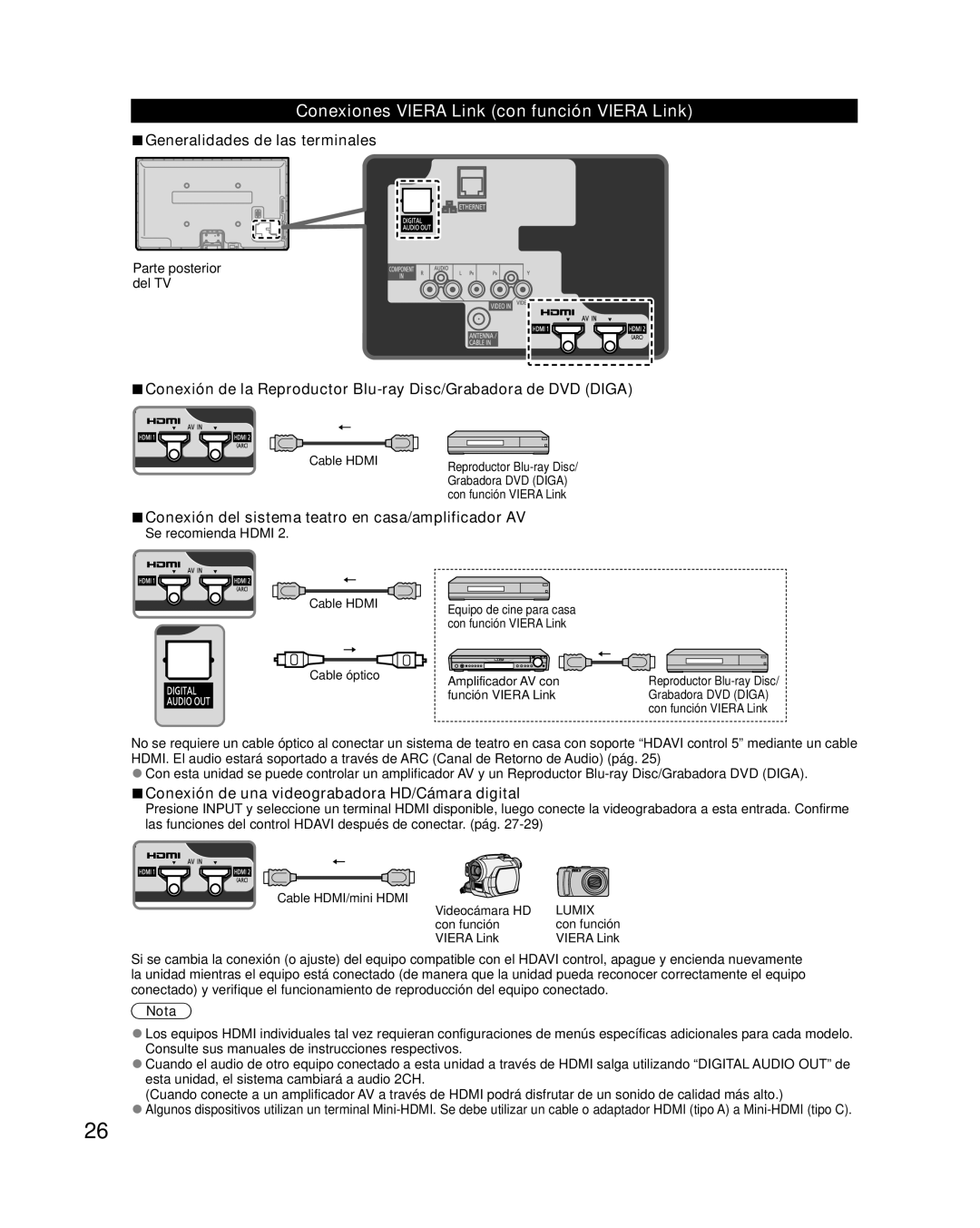 Panasonic TC-P50XT50 owner manual Conexiones Viera Link con función Viera Link, Generalidades de las terminales 