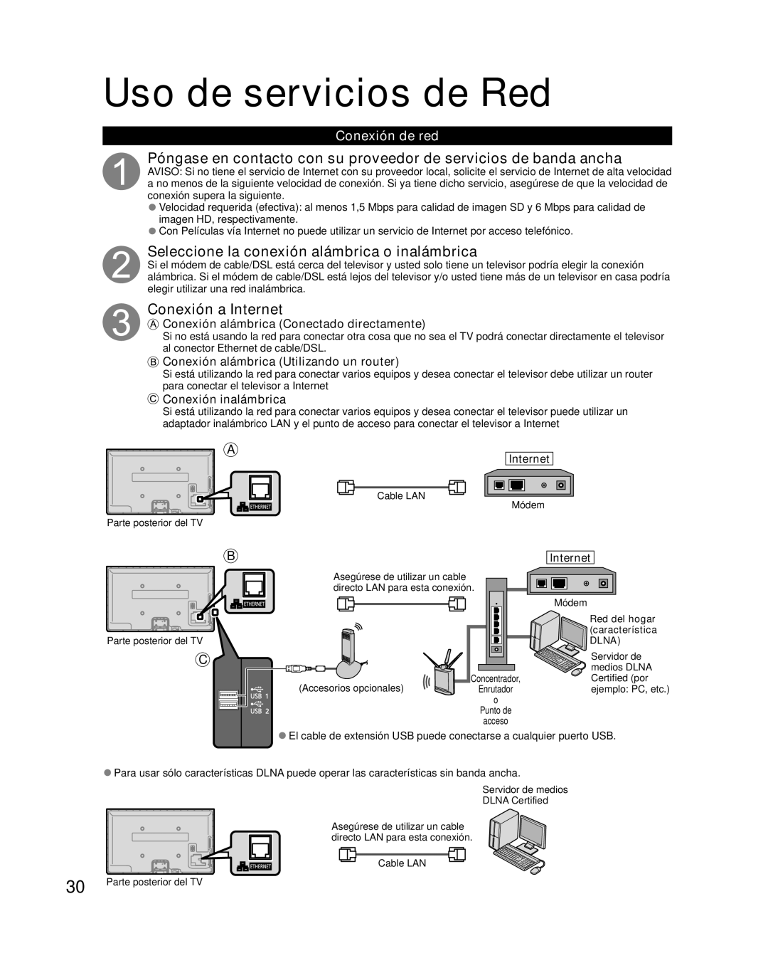 Panasonic TC-P50XT50 Uso de servicios de Red, Seleccione la conexión alámbrica o inalámbrica, Conexión a Internet 