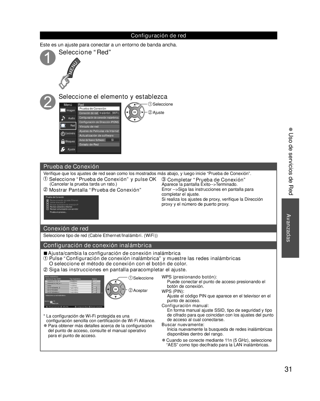 Panasonic TC-P50XT50 owner manual Seleccione Red Seleccione el elemento y establezca, Prueba de Conexión, Conexión de red 