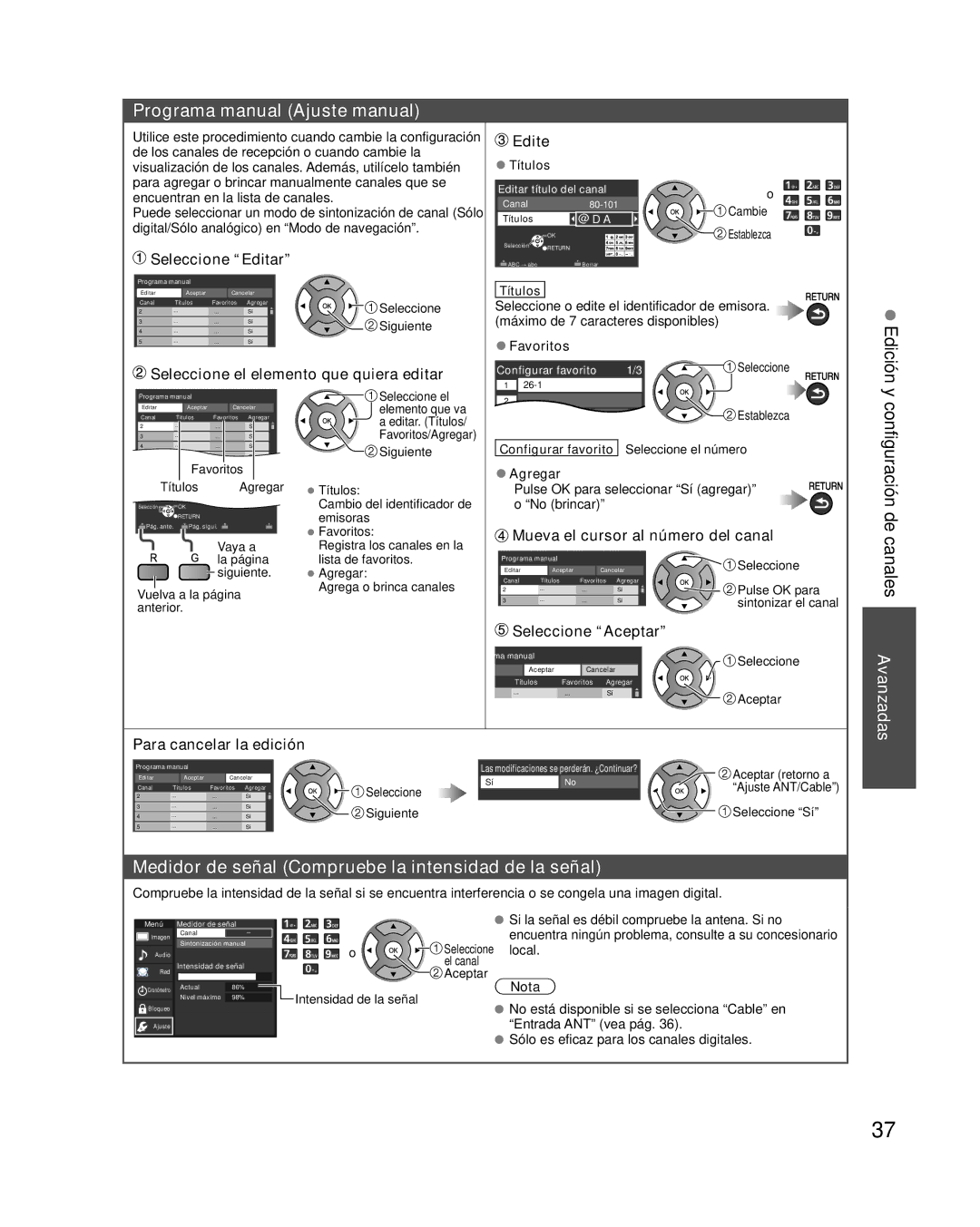 Panasonic TC-P50XT50 owner manual Programa manual Ajuste manual, Medidor de señal Compruebe la intensidad de la señal 