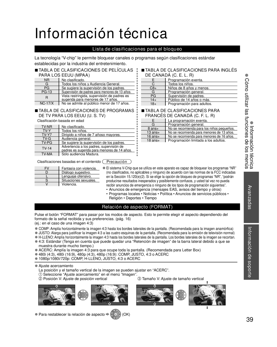 Panasonic TC-P50XT50 owner manual Información técnica, Lista de clasificaciones para el bloqueo, Relación de aspecto Format 