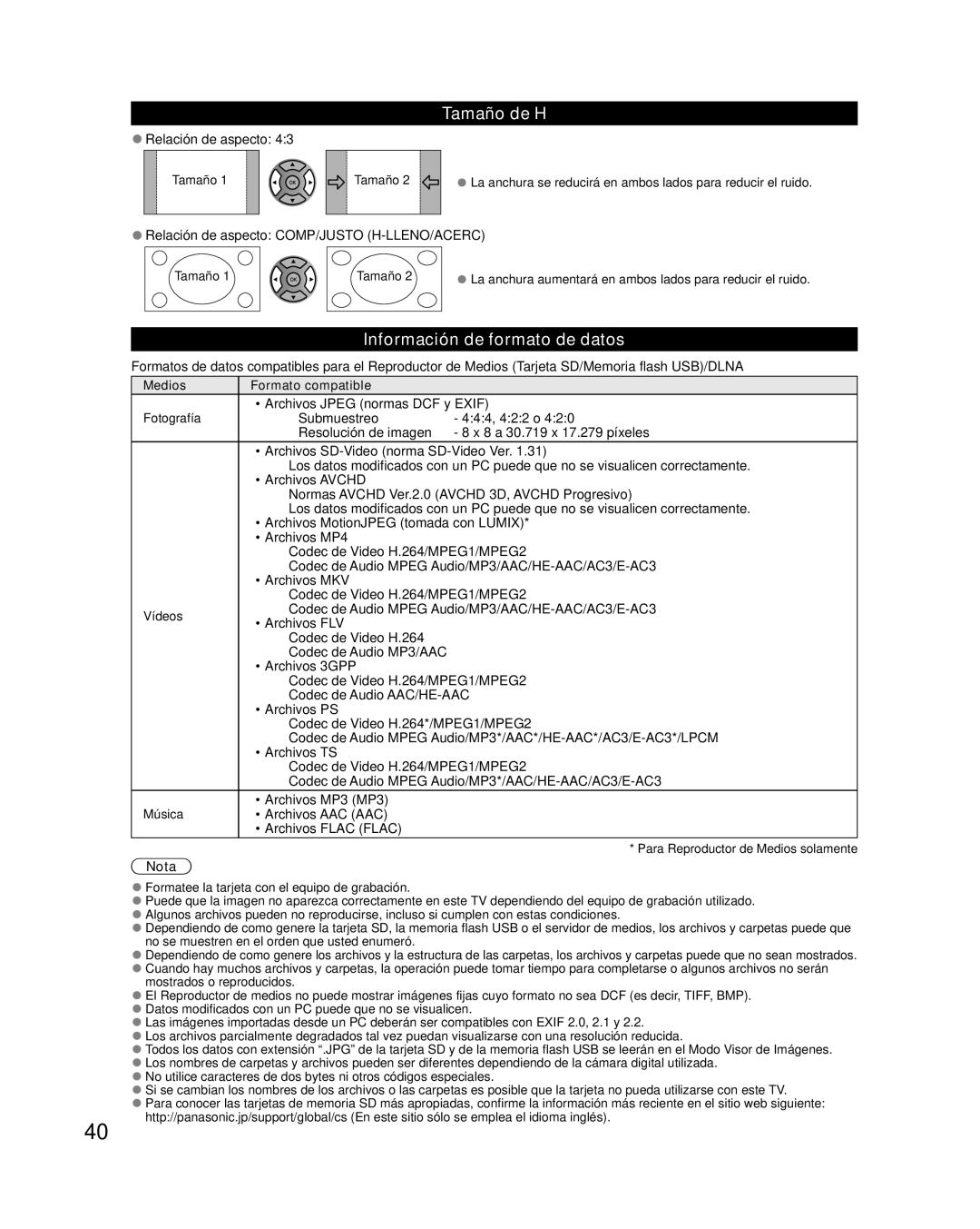 Panasonic TC-P50XT50 owner manual Tamaño de H, Información de formato de datos 