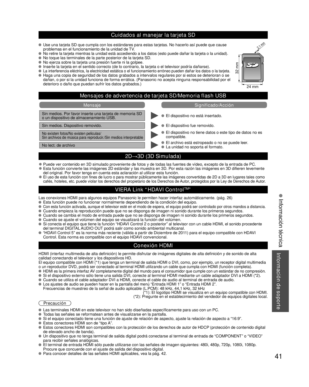 Panasonic TC-P50XT50 Cuidados al manejar la tarjeta SD, Mensajes de advertencia de tarjeta SD/Memoria flash USB 