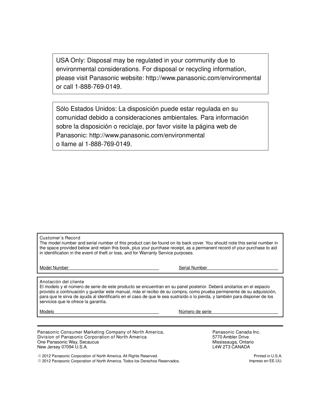 Panasonic TC-P50XT50 owner manual Customer’s Record, Anotación del cliente, Ambler Drive 