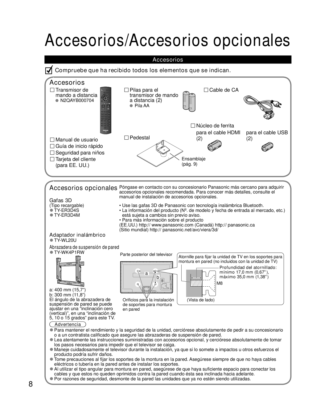 Panasonic TC-P50XT50 owner manual Accesorios opcionales, Adaptador inalámbrico, Advertencia 