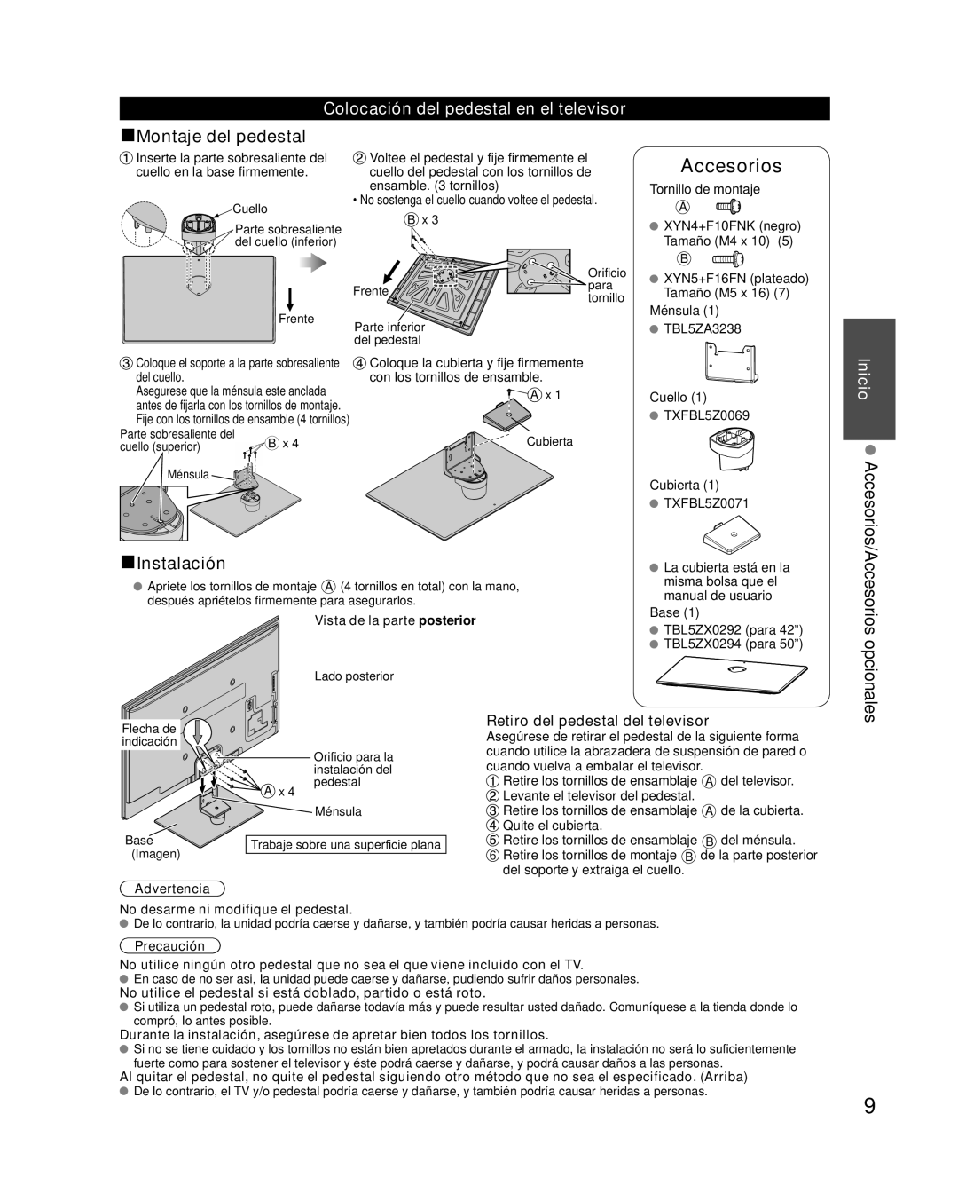 Panasonic TC-P50XT50 Retiro del pedestal del televisor, Vista de la parte posterior, No desarme ni modifique el pedestal 