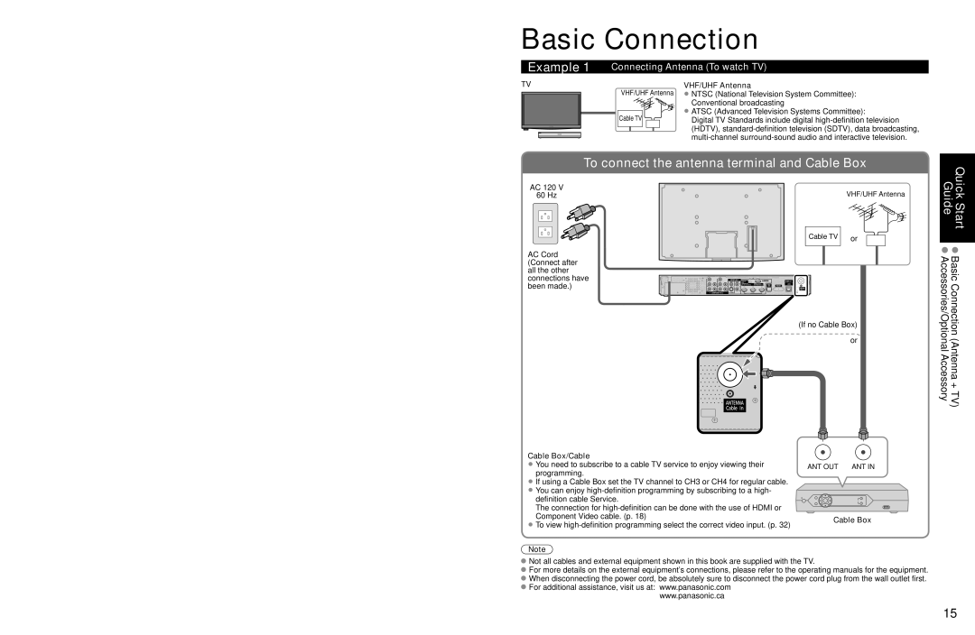 Panasonic TC-P54Z1 Basic Connection, Connecting Antenna To watch TV, VHF/UHF Antenna, Cable Box/Cable 