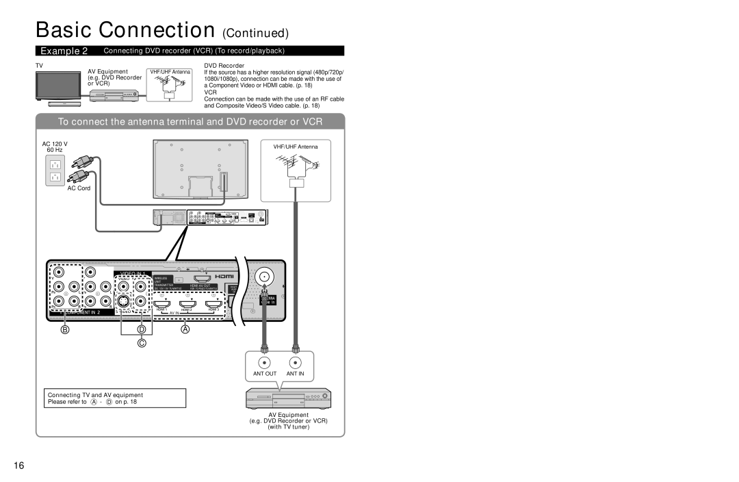 Panasonic TC-P54Z1 operating instructions Connecting DVD recorder VCR To record/playback, AV Equipment DVD Recorder, Or VCR 