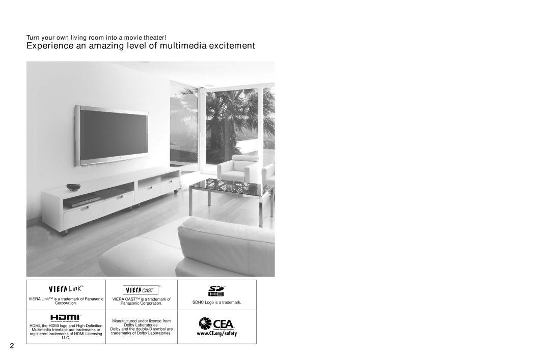 Panasonic TC-P54Z1 Turn your own living room into a movie theater, Viera Cast is a trademark Sdhc Logo is a trademark 