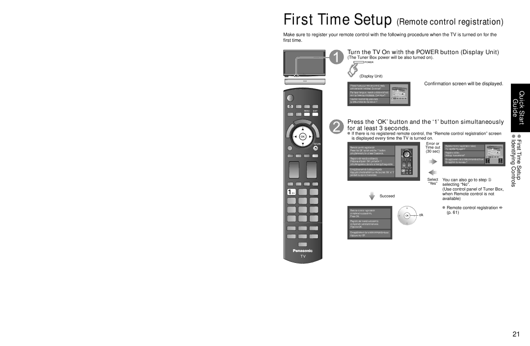 Panasonic TC-P54Z1 Turn the TV On with the Power button Display Unit, First Time Setup Identifying Controls 