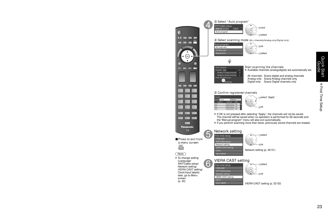 Panasonic TC-P54Z1 Network setting, Viera Cast setting, Select Auto program, Start scanning the channels 