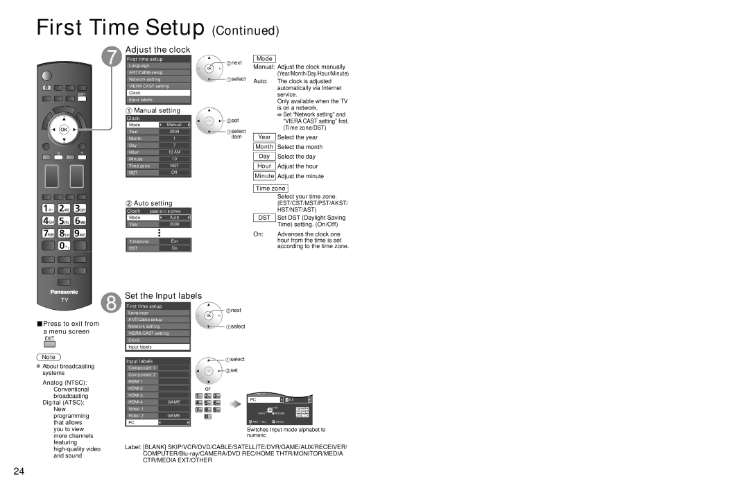 Panasonic TC-P54Z1 operating instructions Adjust the clock, Set the Input labels, Manual setting, Auto setting 