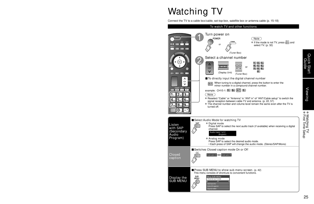 Panasonic TC-P54Z1 operating instructions Turn power on, Select a channel number, Watching TV First Time Setup 