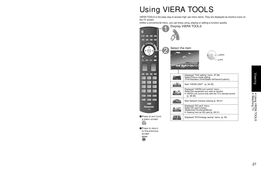 Panasonic TC-P54Z1 Using Viera Tools, Display Viera Tools Select the item, Start Network Camera viewing p, Next 