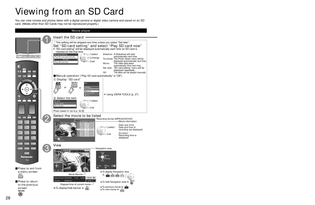 Panasonic TC-P54Z1 Viewing from an SD Card, Insert the SD card, Set SD card setting and select Play SD card now 