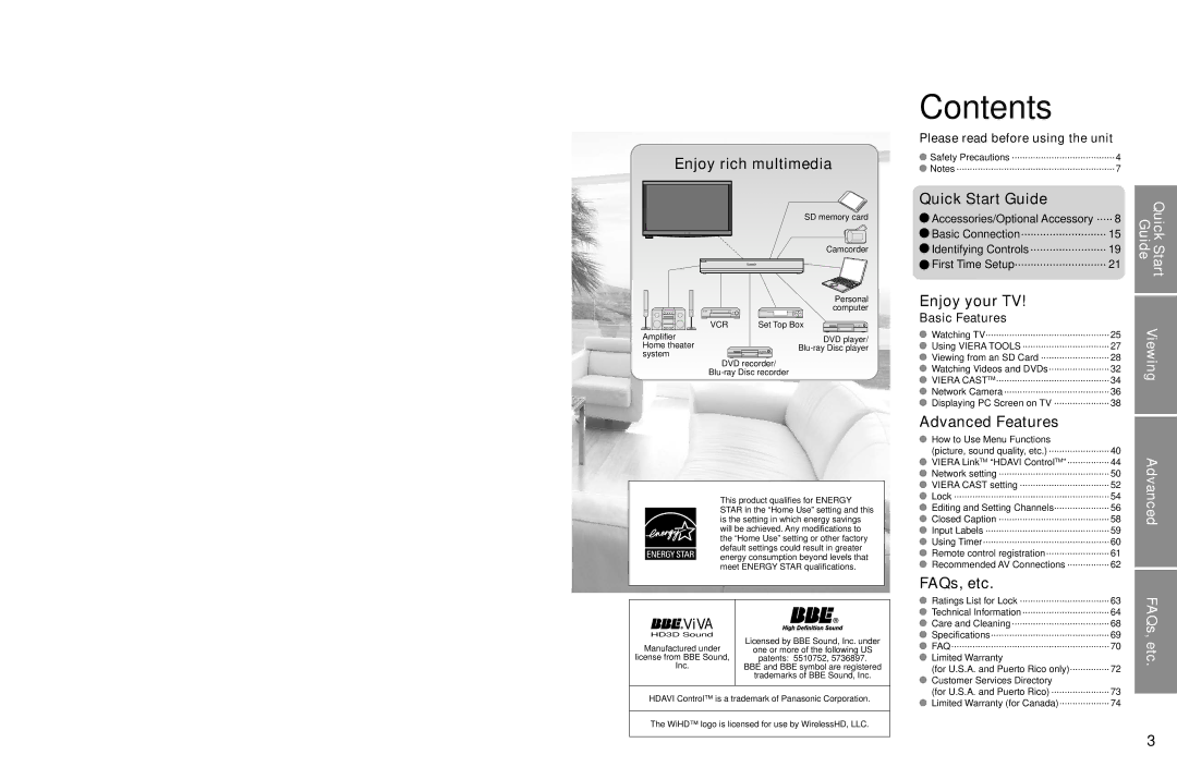 Panasonic TC-P54Z1 operating instructions Contents 