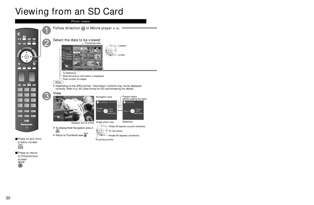 Panasonic TC-P54Z1 Photo viewer, Press to exit from, Menu screen Press to return to the previous screen 