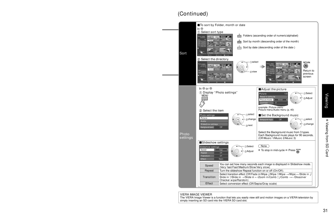 Panasonic TC-P54Z1 Sort, Adjust the picture Display Photo settings, Set the Background music, Slideshow settings 