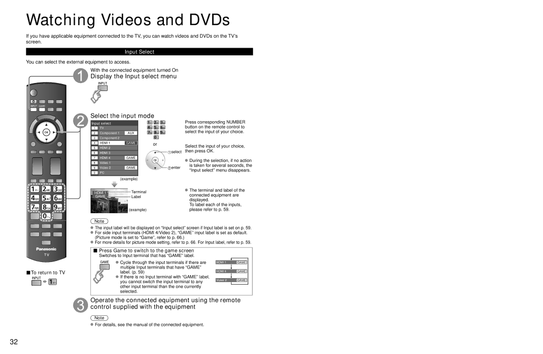 Panasonic TC-P54Z1 Watching Videos and DVDs, Display the Input select menu Select the input mode, Input Select 