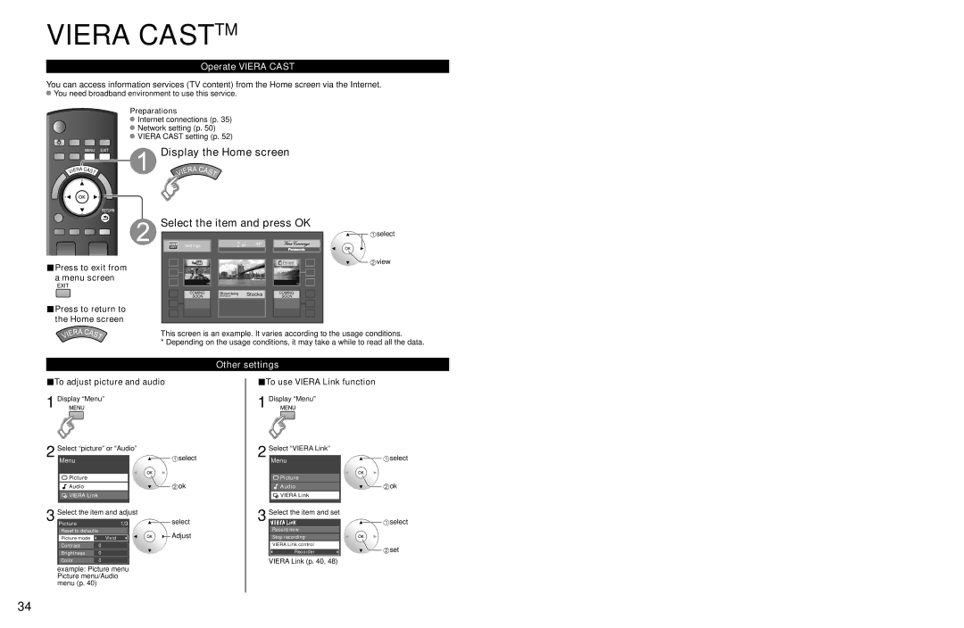 Panasonic TC-P54Z1 Display the Home screen, Select the item and press OK, Operate Viera Cast, Other settings 