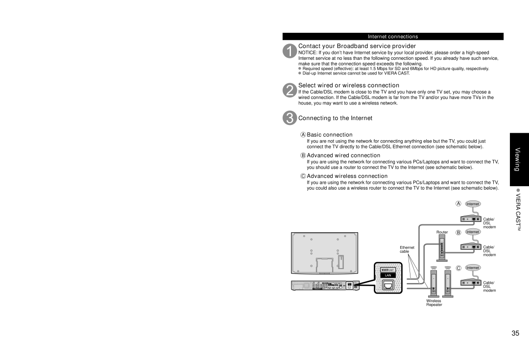 Panasonic TC-P54Z1 operating instructions Contact your Broadband service provider, Select wired or wireless connection 