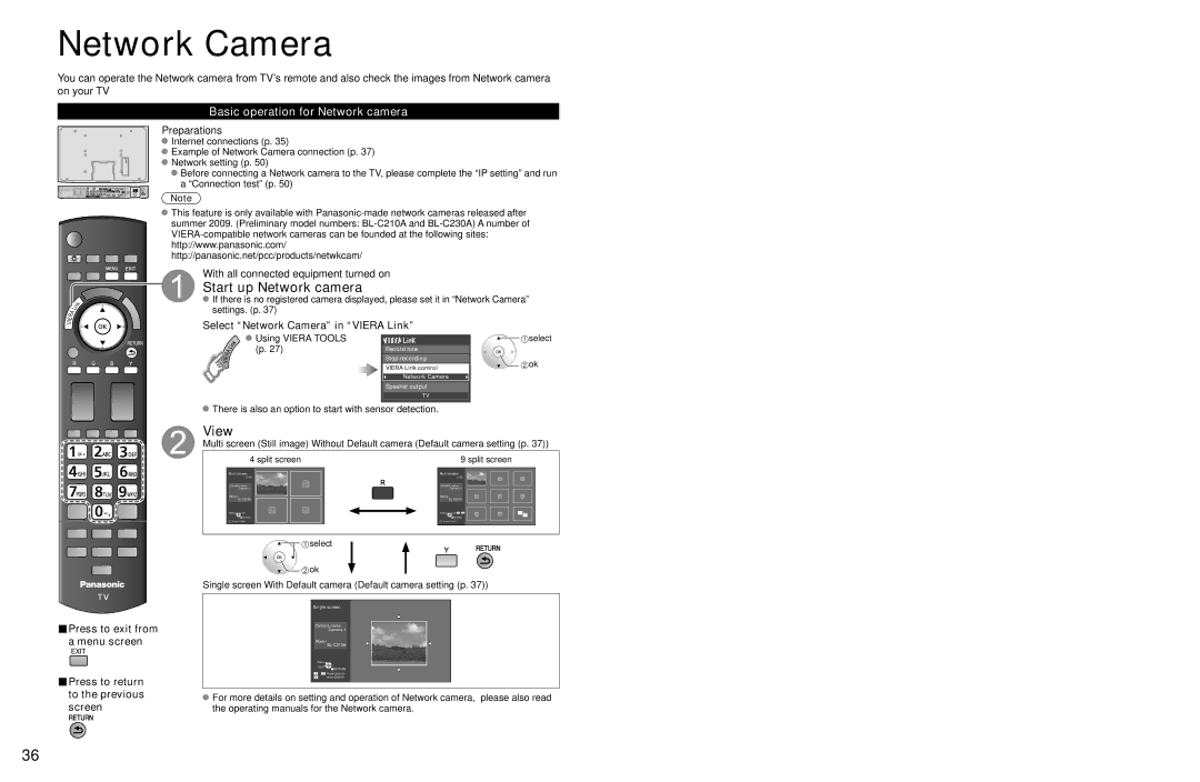 Panasonic TC-P54Z1 operating instructions Network Camera, Start up Network camera, Basic operation for Network camera 