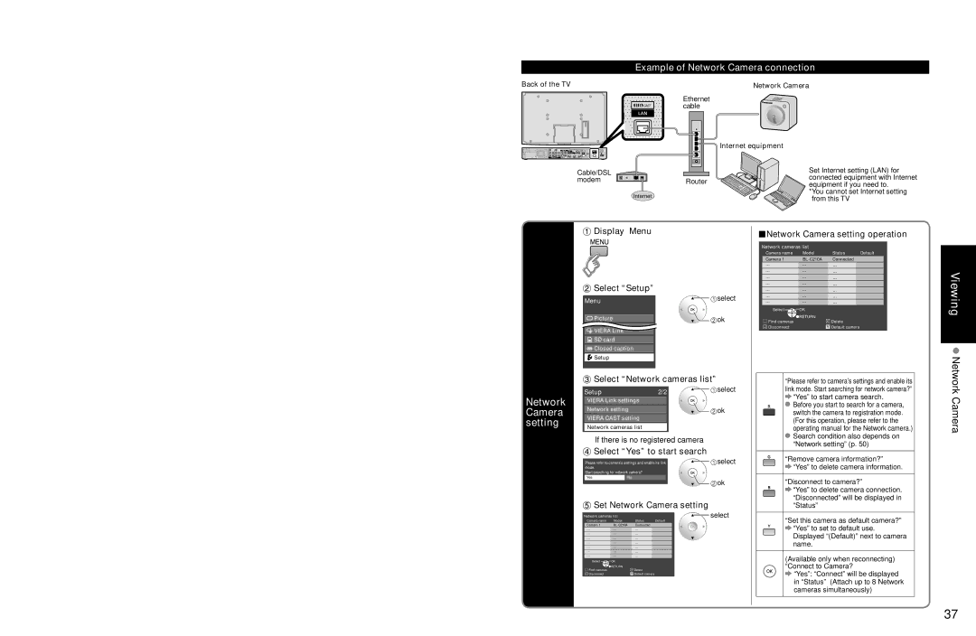 Panasonic TC-P54Z1 operating instructions Setting, Example of Network Camera connection 