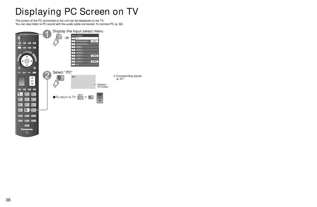 Panasonic TC-P54Z1 Displaying PC Screen on TV, Display the Input select menu, Select PC, To return to TV 