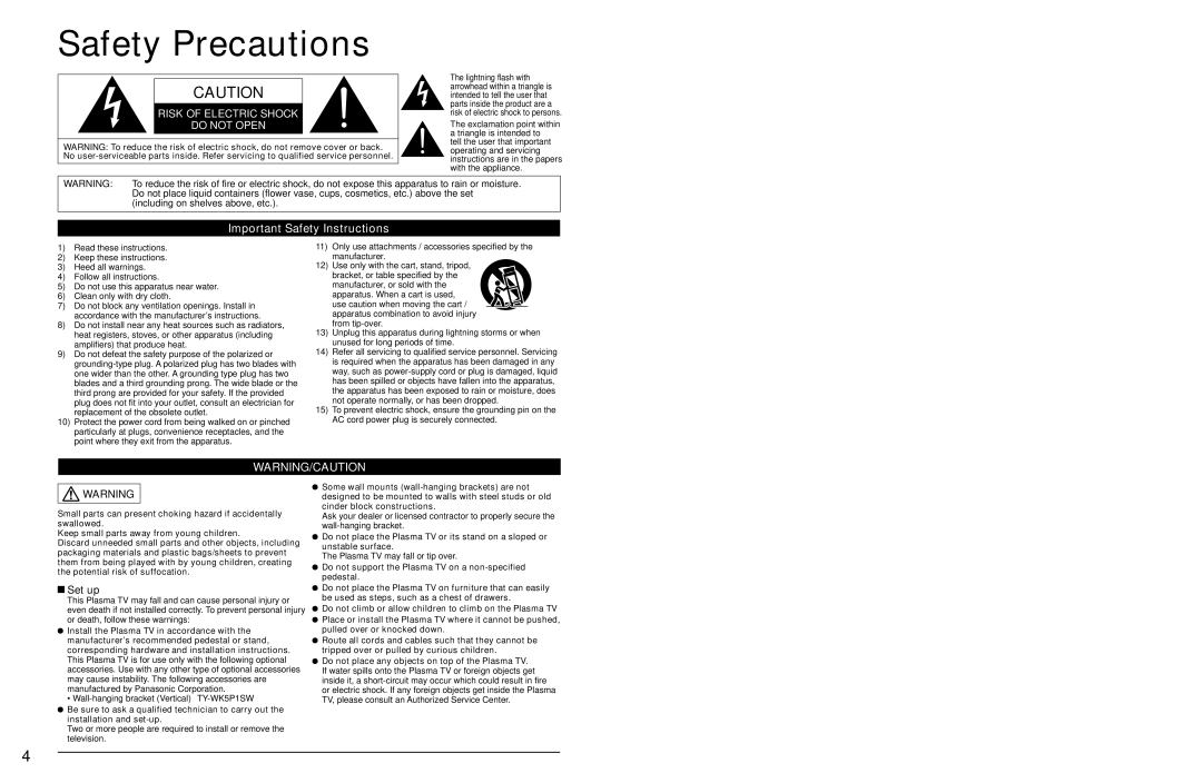 Panasonic TC-P54Z1 Safety Precautions, Important Safety Instructions, Set up, Plasma TV may fall or tip over 