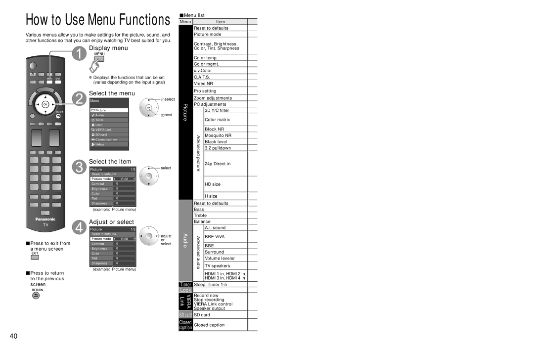 Panasonic TC-P54Z1 operating instructions How to Use Menu Functions, Display menu, Select the menu, Adjust or select 