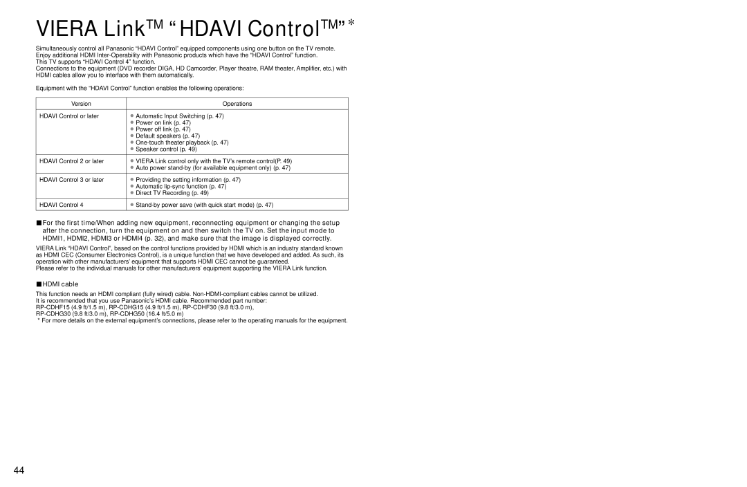 Panasonic TC-P54Z1 operating instructions Viera LinkTM Hdavi ControlTM, Hdmi cable 