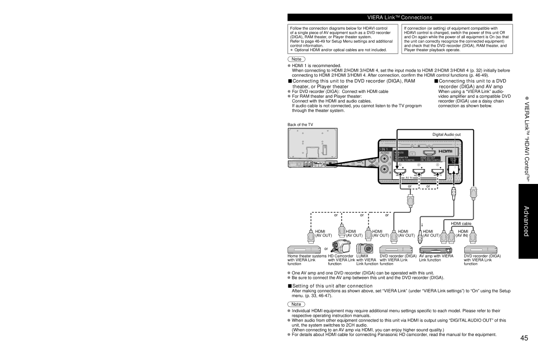 Panasonic TC-P54Z1 Viera LinkTM Hdavi ControlTM, Viera LinkTM Connections, Setting of this unit after connection 