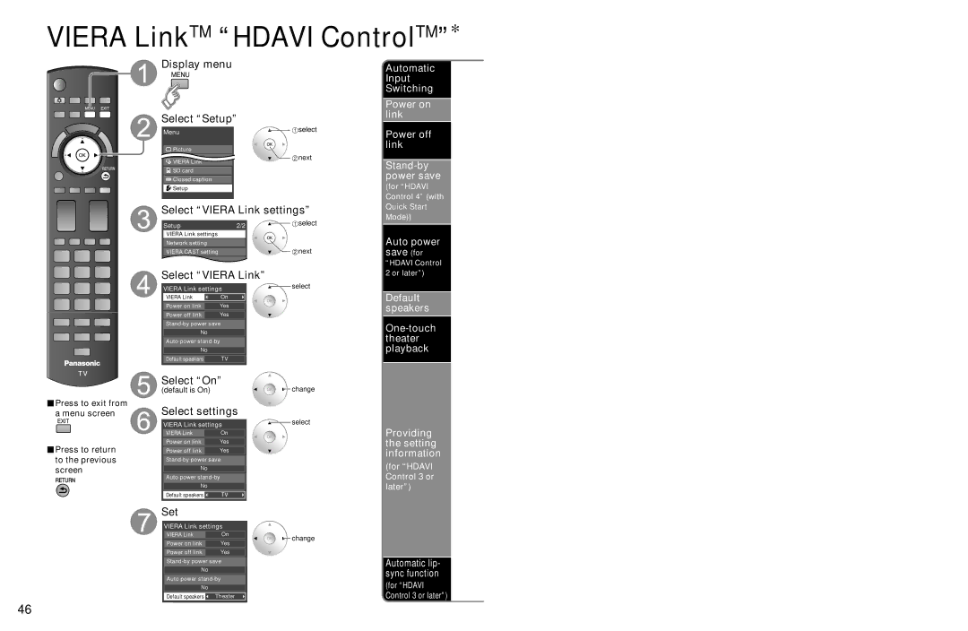 Panasonic TC-P54Z1 Select settings, Set, Auto power save for, For Hdavi Control 3 or later, Automatic lip- sync function 