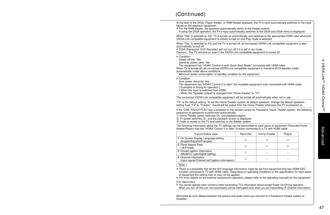 Panasonic TC-P54Z1 operating instructions Transmittable data Recorder Home theater Player, For Recorder 