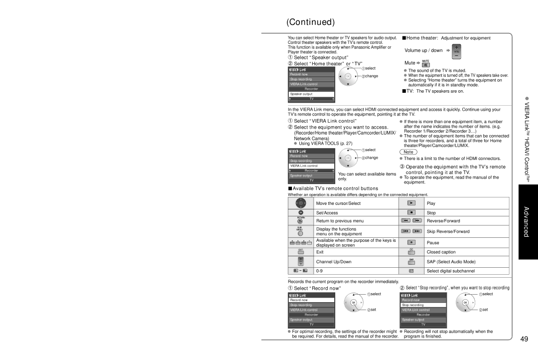 Panasonic TC-P54Z1 ControlTM, Select Speaker output Select Home theater or TV, Select Viera Link control 