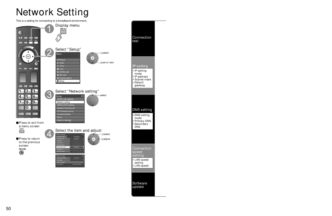 Panasonic TC-P54Z1 operating instructions Network Setting, Select Network setting 