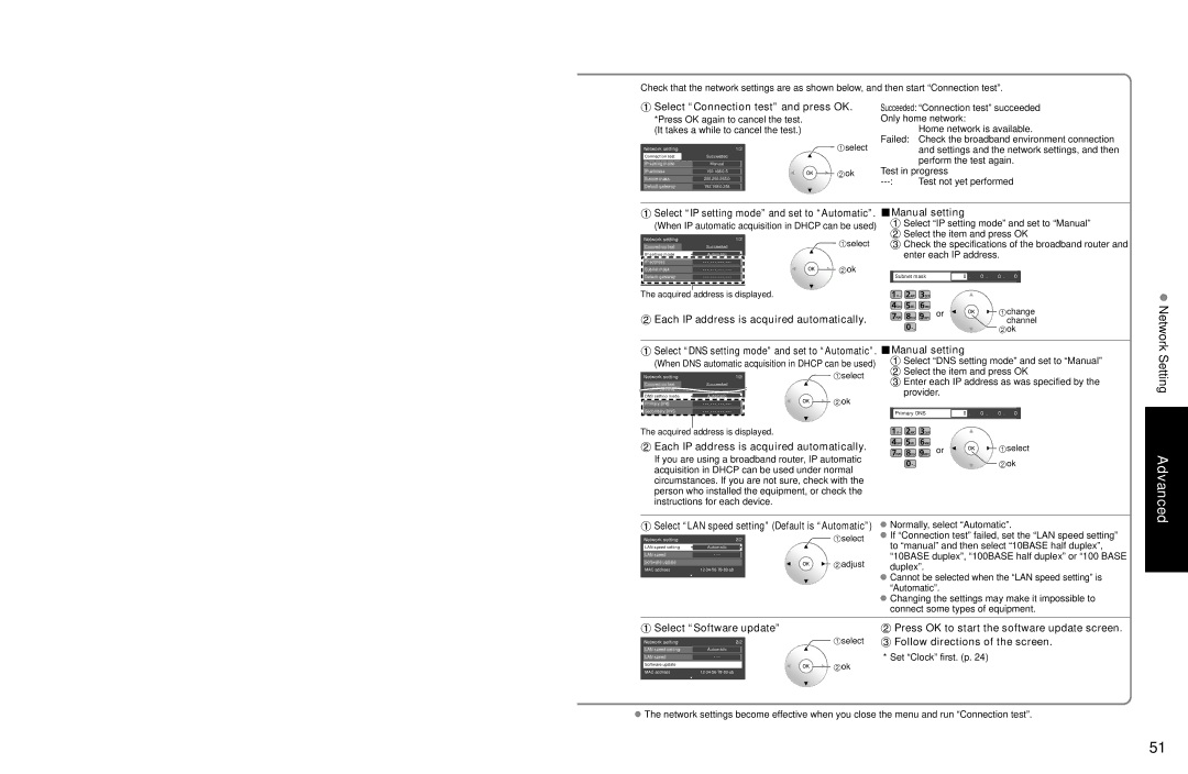 Panasonic TC-P54Z1 Setting, Select Connection test and press OK, Each IP address is acquired automatically 