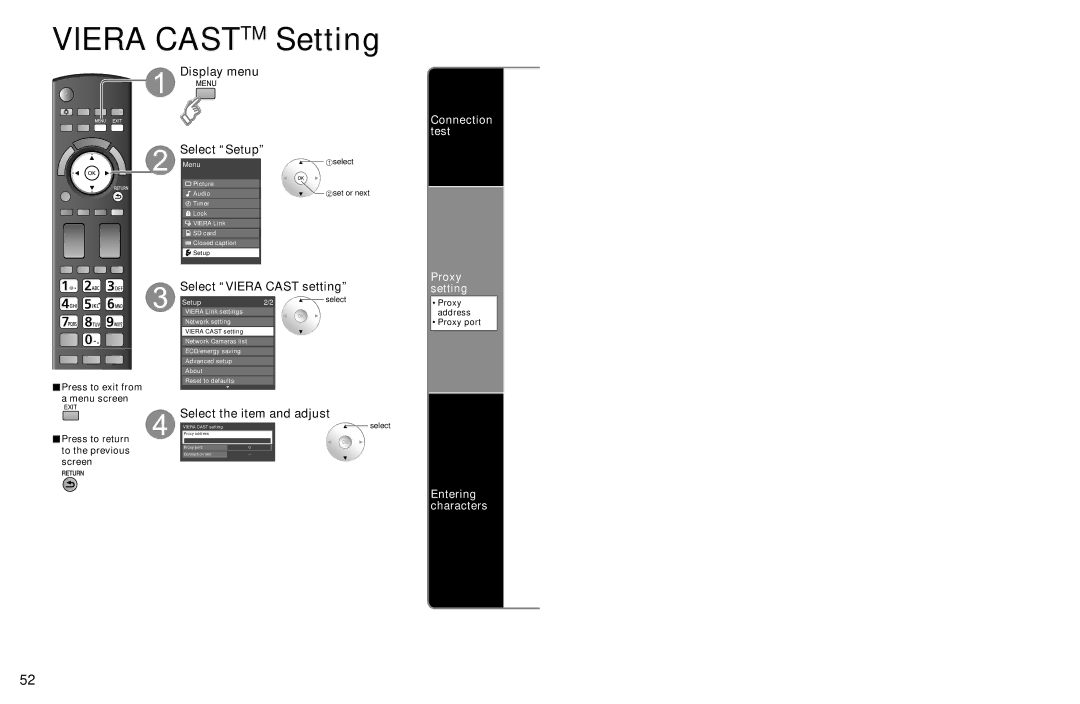 Panasonic TC-P54Z1 Viera Casttm Setting, Select Viera Cast setting, Select the item and adjust, Screen, Proxy port 