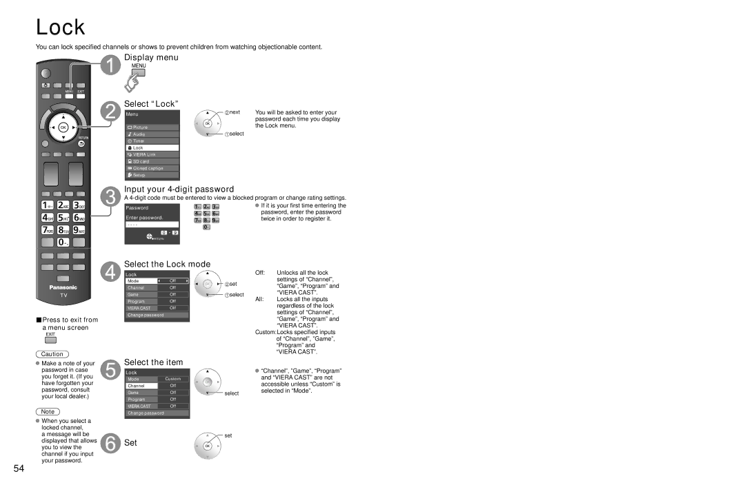 Panasonic TC-P54Z1 operating instructions Display menu Select Lock, Input your 4-digit password, Select the Lock mode 