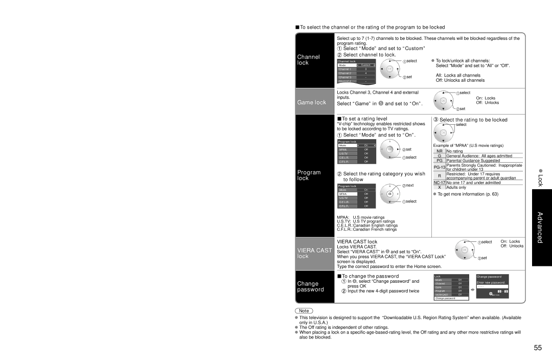 Panasonic TC-P54Z1 operating instructions Channel lock, Game lock, Program lock, Advanced Viera Cast lock, Change password 