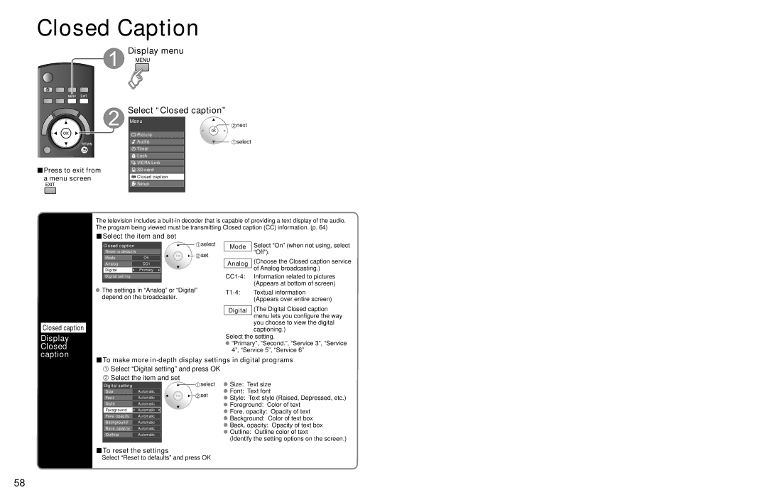 Panasonic TC-P54Z1 operating instructions Closed Caption, Display menu Select Closed caption, Display Closed caption 