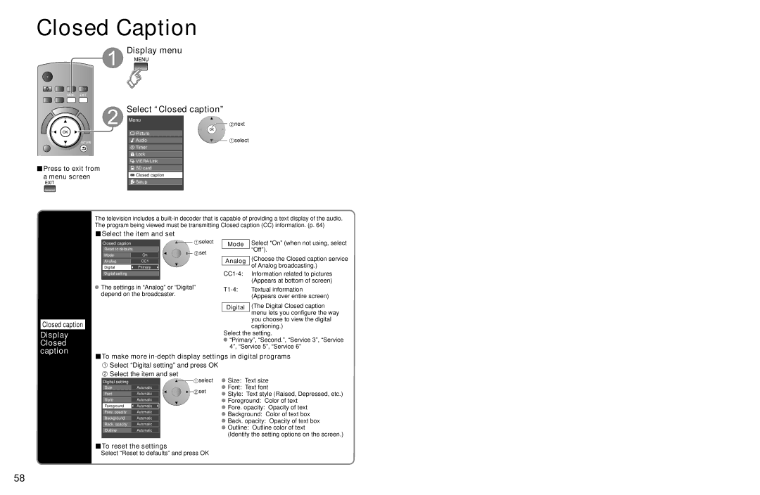 Panasonic TC-P54Z1 Select Input labels, Input Labels Closed Caption, Display labels of connected devices, Menu screen 