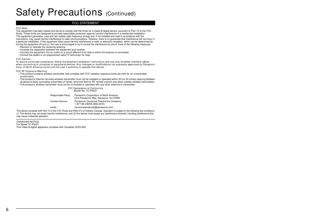 Panasonic TC-P54Z1 operating instructions Viera, Consumerproducts@panasonic.com 