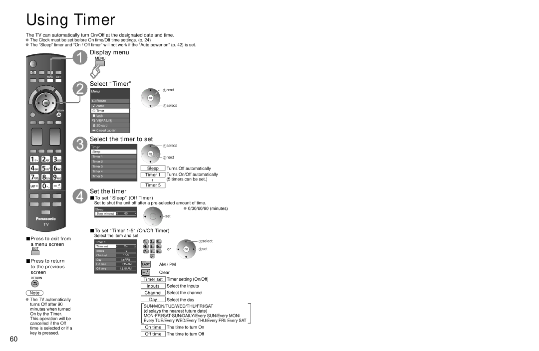 Panasonic TC-P54Z1 operating instructions Using Timer, Display menu Select Timer, Select the timer to set, Set the timer 