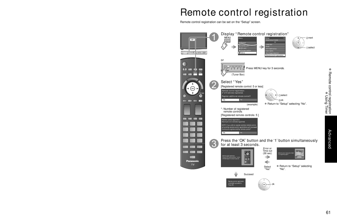 Panasonic TC-P54Z1 Display Remote control registration, Select Yes, Control registration Using Timer 