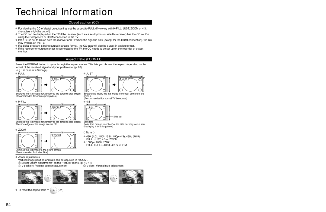 Panasonic TC-P54Z1 operating instructions Technical Information, Closed caption CC, Aspect Ratio Format 