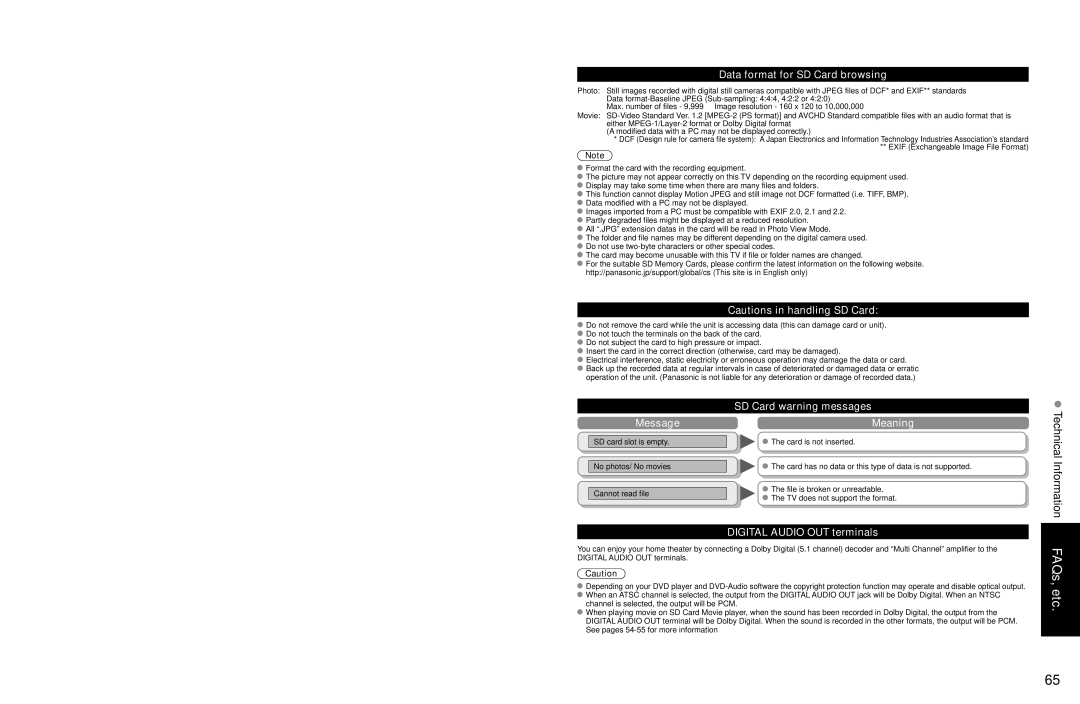 Panasonic TC-P54Z1 Technical Information, Data format for SD Card browsing, Message, SD Card warning messages Meaning 