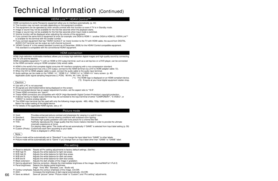 Panasonic TC-P54Z1 operating instructions Viera LinkTM Hdavi ControlTM, Hdmi connection, Picture mode, Pro setting 